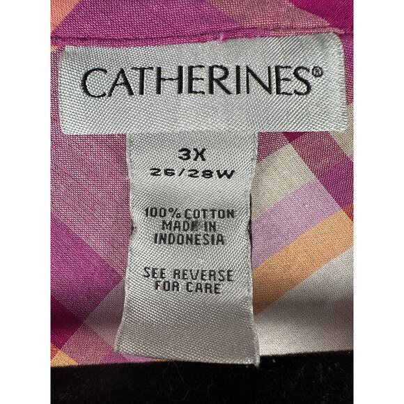 Catherines Top Womens 3X Purple Plaid Button Down Roll Sleeve Tunic Cottagecore - Picture 8 of 13